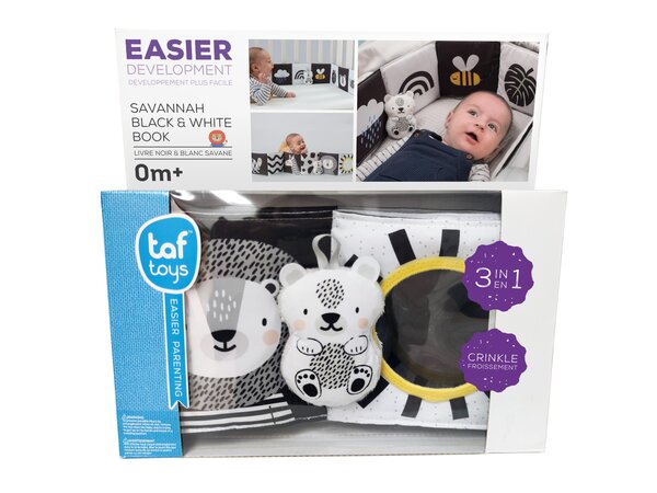 Taf Toys must-valge pehme raamat Savannah  - Taf Toys