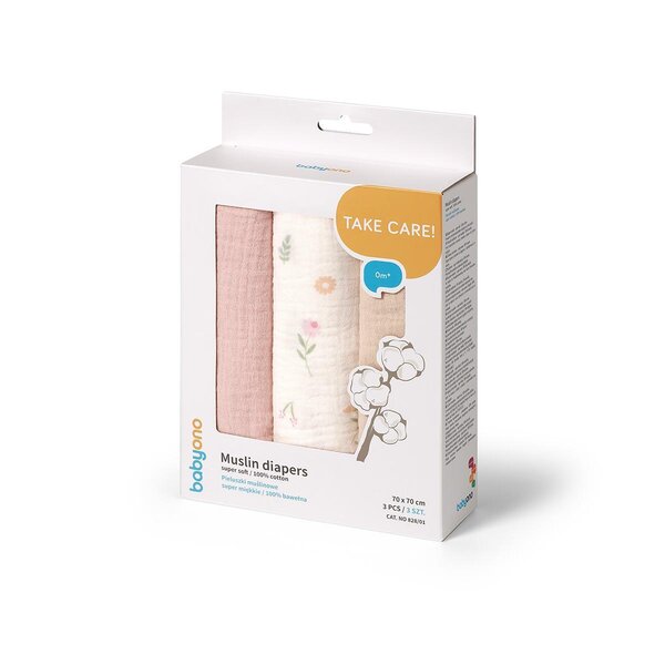 BabyOno musliinist mähkimislinad 70x70cm, Pink 3tk - BabyOno